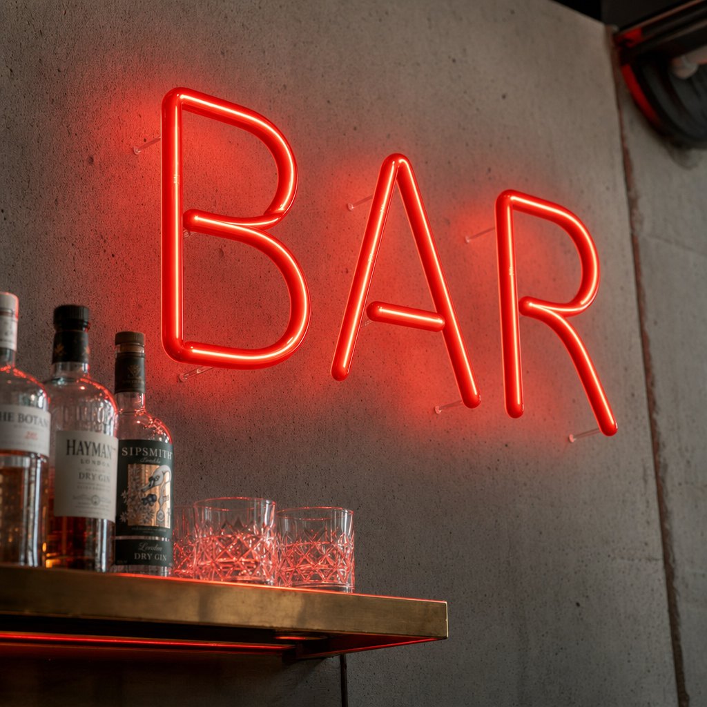 Enseigne « Bar » en néon acrylique 360 rouge, sur le mur de béton d’un bar à cocktails
