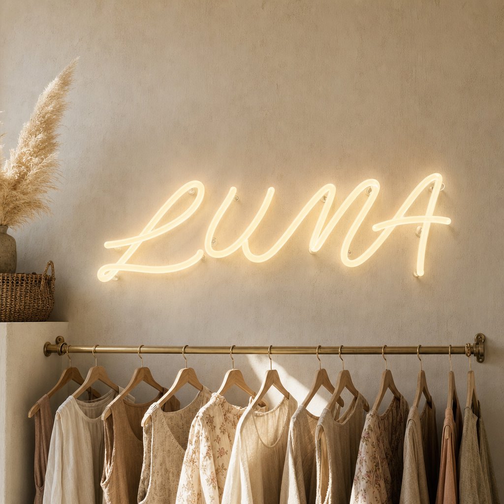 Enseigne « Luna » en néon acrylique 360, dans une boutique de mode, au-dessus d’un portant de vêtements en lin
