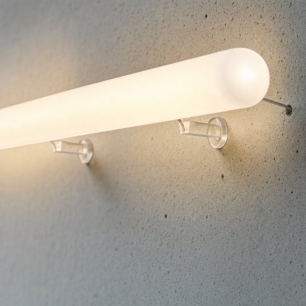 Gros plan sur la fixation : les entretoises transparentes, vissées à plat contre le mur, qui portent le barreau par-dessous et laissent la lumière s’échapper derrière lui