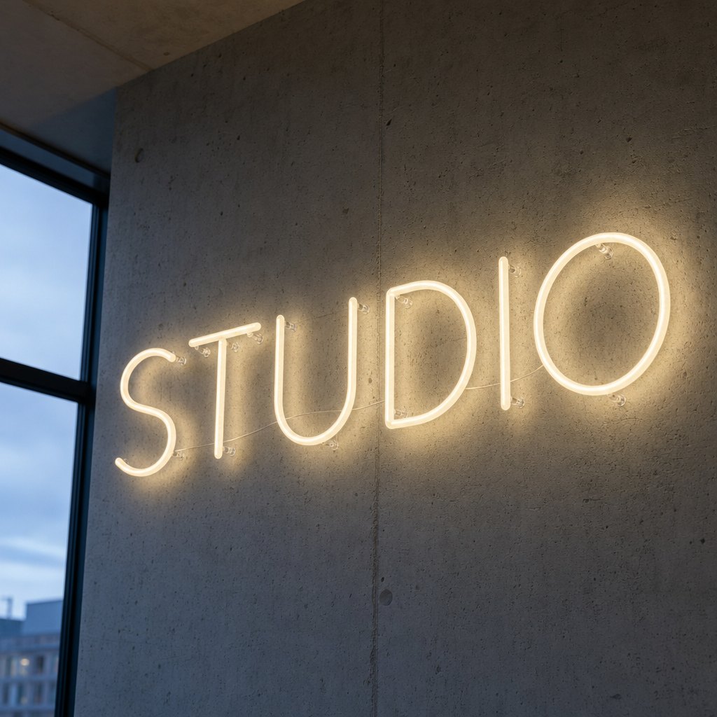 Néon acrylique 360 : le même mot « Studio » tracé par un barreau d’acrylique libre, décollé du mur, le mur visible entre les lettres et la lumière qui nappe le mur derrière
