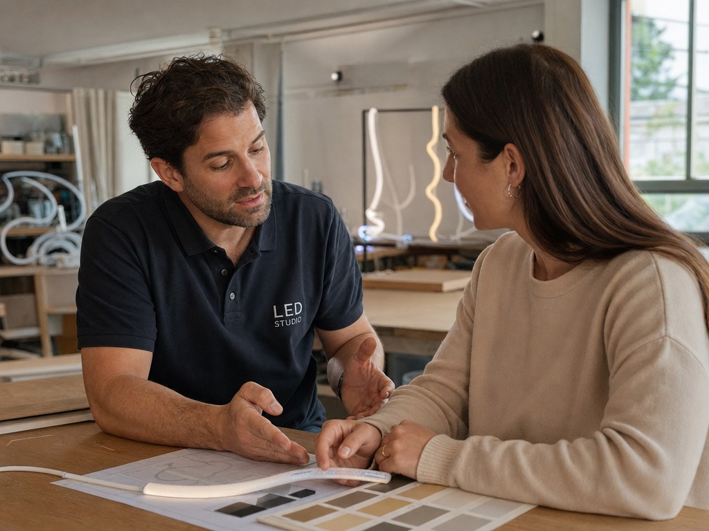 Un conseiller LED Studio en polo anthracite oriente une cliente, échantillon de tube néon et nuancier sur la table, atelier en arrière-plan