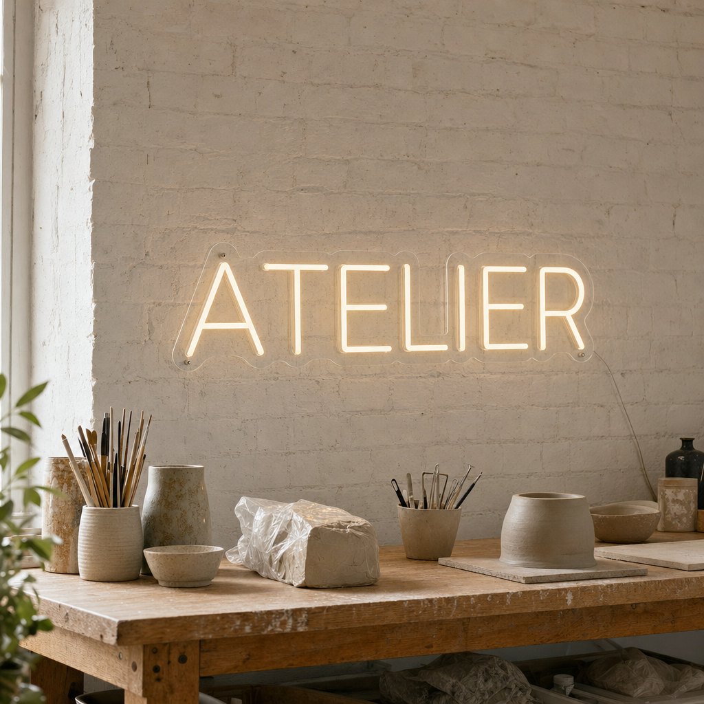 Néon Flex « Atelier » sur le mur de briques blanches d’un atelier de céramiste