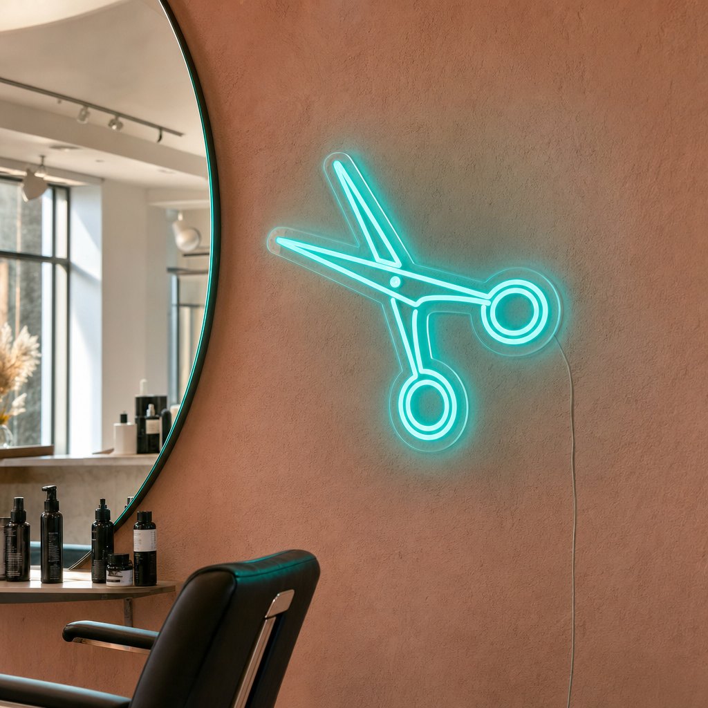 Néon Flex en forme de ciseaux, en turquoise, sur le mur terracotta d’un salon de coiffure