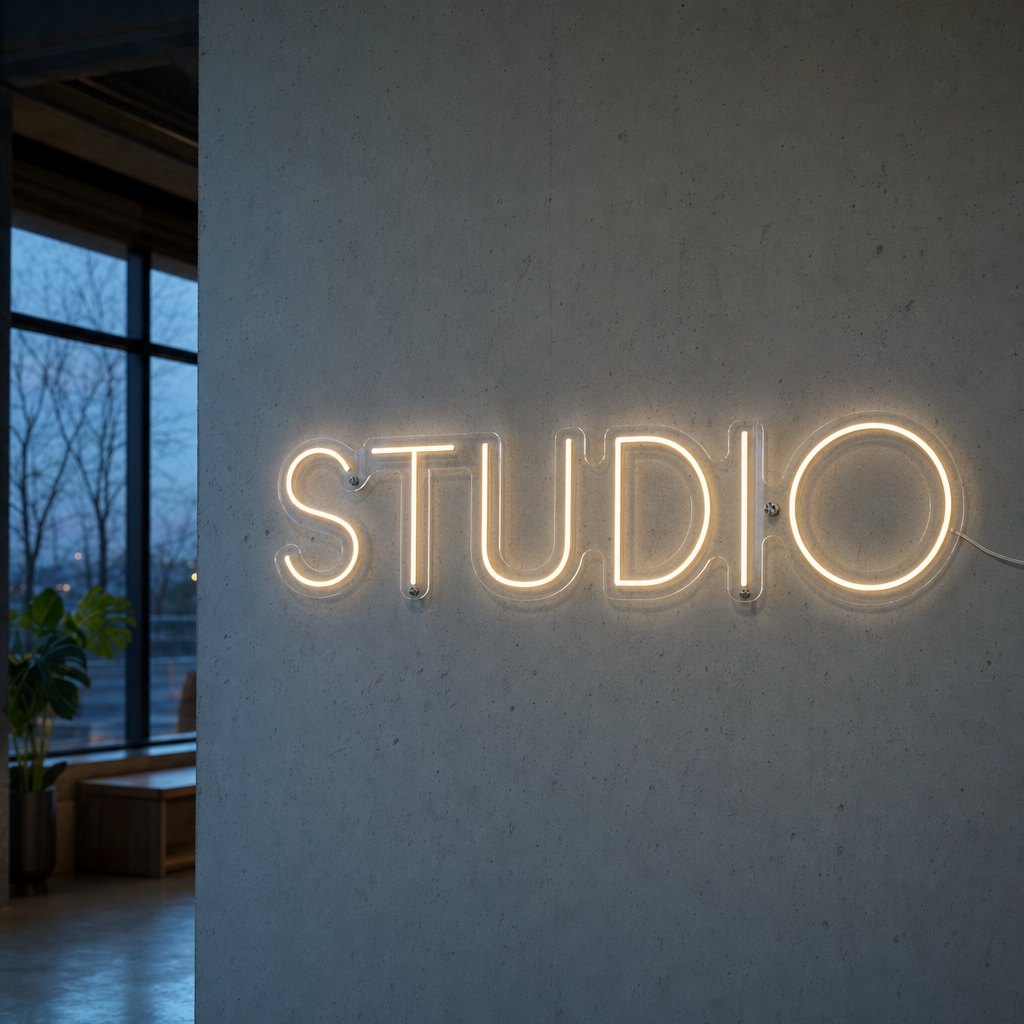 Néon Flex : le mot « Studio » tracé par un tube souple fin, monté sur une plaque acrylique transparente découpée au contour des lettres