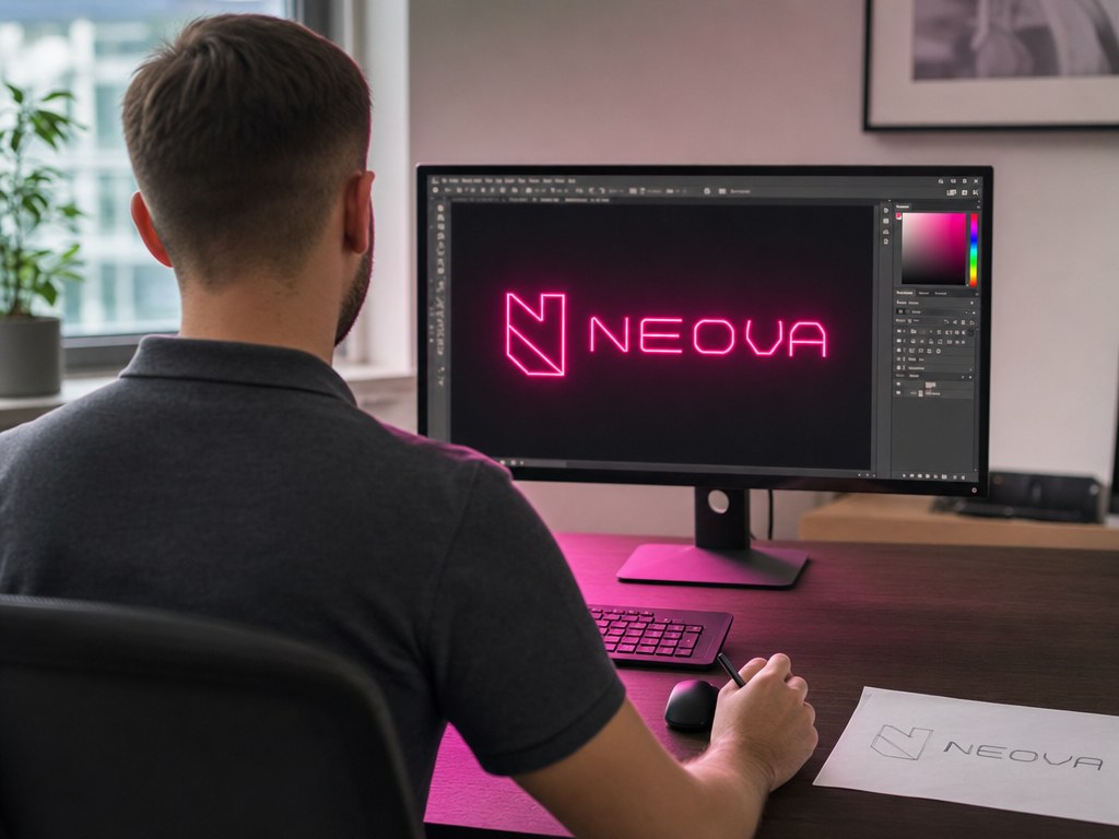 Un graphiste travaille à l’écran sur un logo de marque transformé en néon magenta