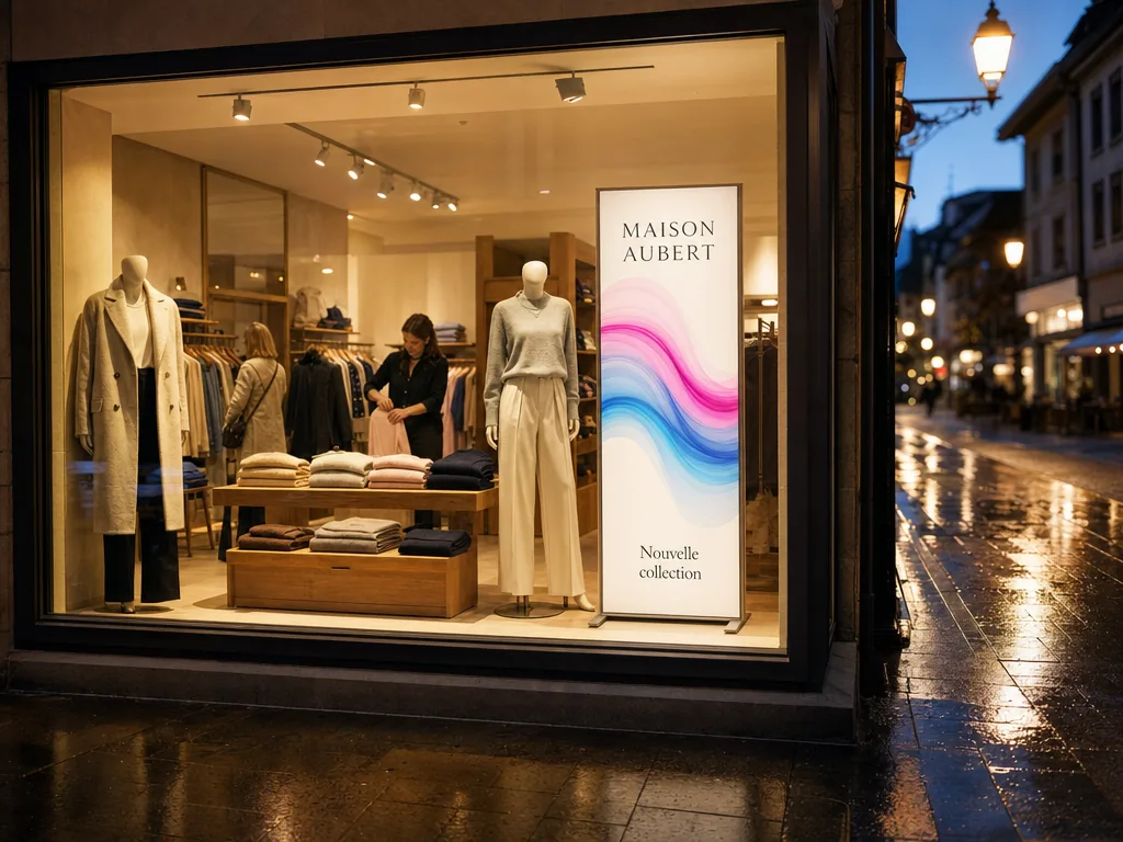 La vitrine d’une boutique de prêt-à-porter le soir, avec un cadre lumineux sur pied qui annonce la nouvelle collection