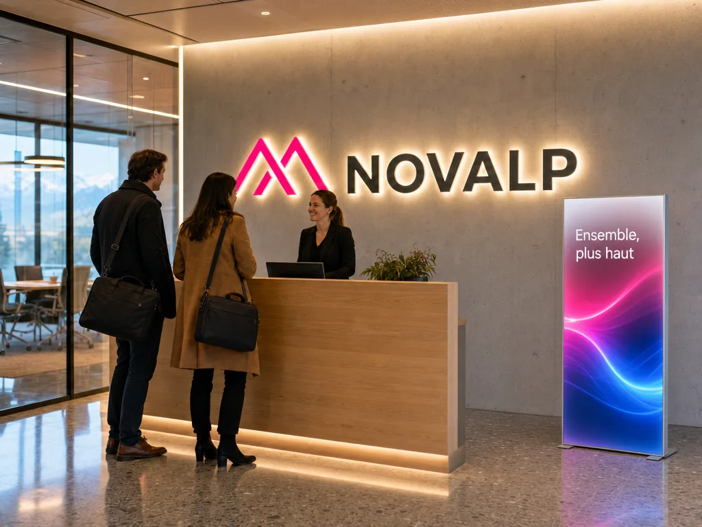 Le hall d’accueil d’une entreprise, avec son nom en lettres lumineuses derrière la réception et un cadre lumineux sur pied à côté