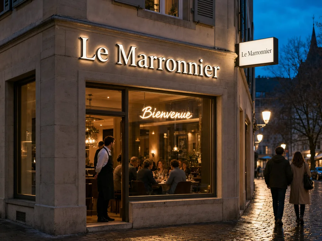 La façade d’une brasserie à la tombée de la nuit, avec une enseigne caisson au-dessus de la porte et un néon Bienvenue en vitrine