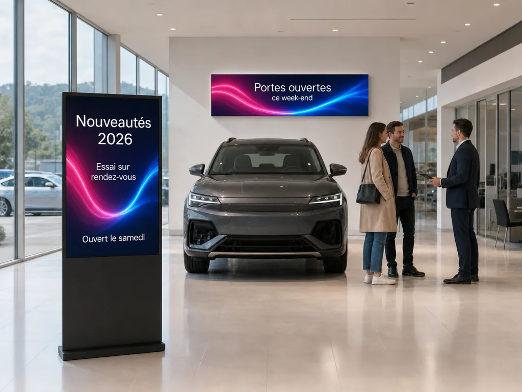Totem LED dans le hall d’une concession automobile, écran annonçant les nouveautés, un vendeur et un couple devant une voiture