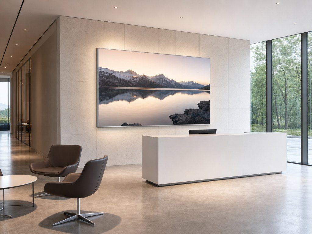 Cadre lumineux mural fin, au visuel d’un lac alpin, dans le hall d’accueil d’une entreprise