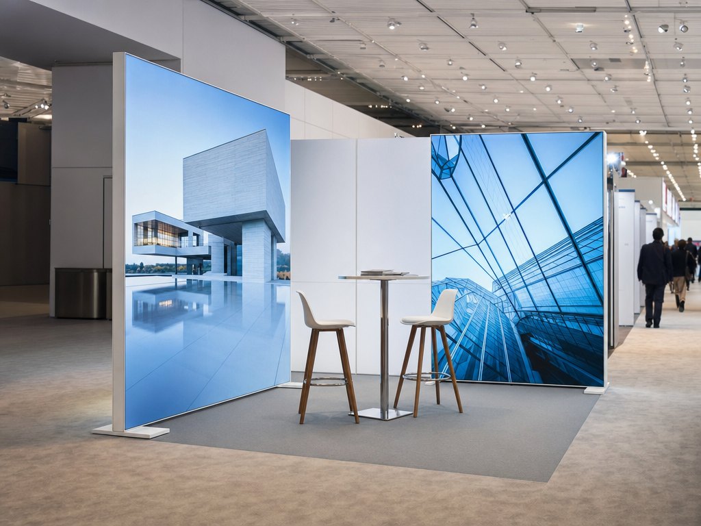 Deux cadres lumineux autoportants aux visuels d’architecture, sur un stand sobre dans un salon professionnel