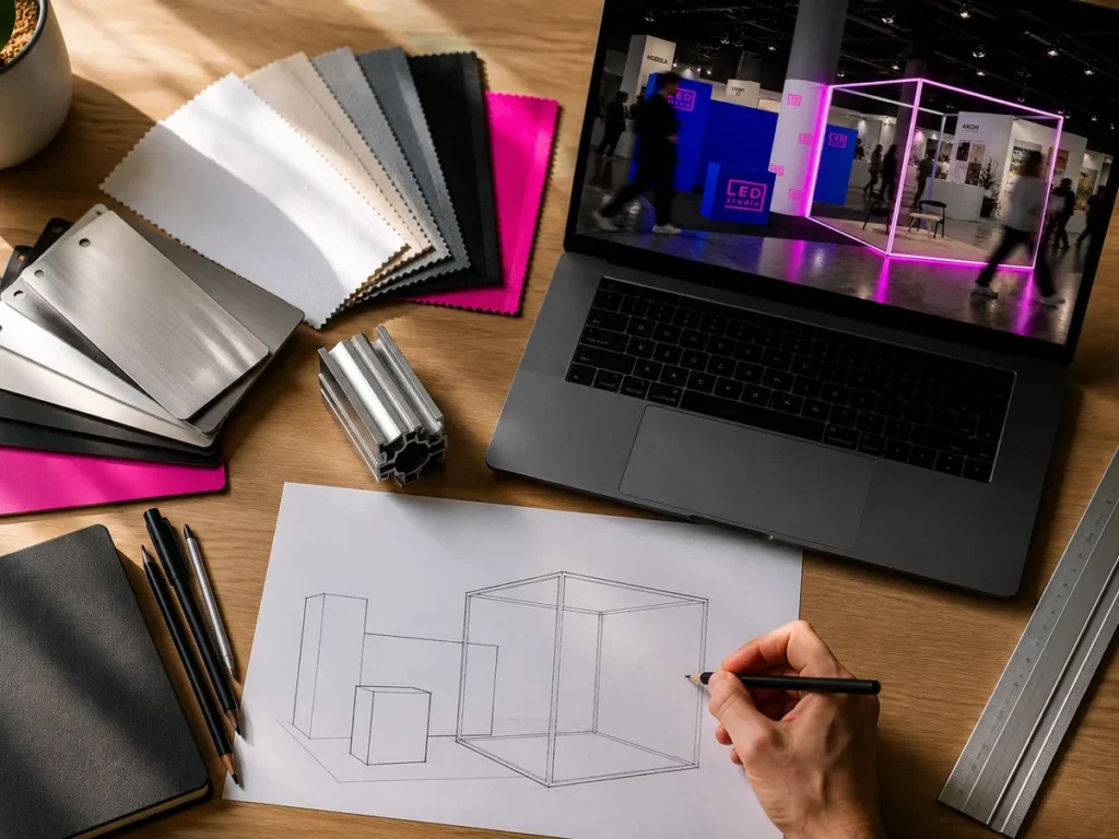 Croquis d’un stand dessiné à la main, à côté d’échantillons de toiles, d’un profilé en aluminium et d’un ordinateur affichant la photo d’un stand