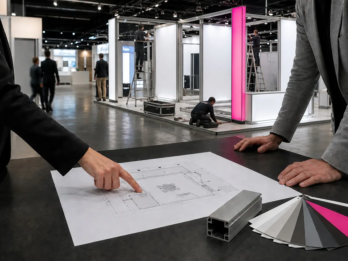 Conseil sur plan, avec un nuancier de matières, sur un salon professionnel