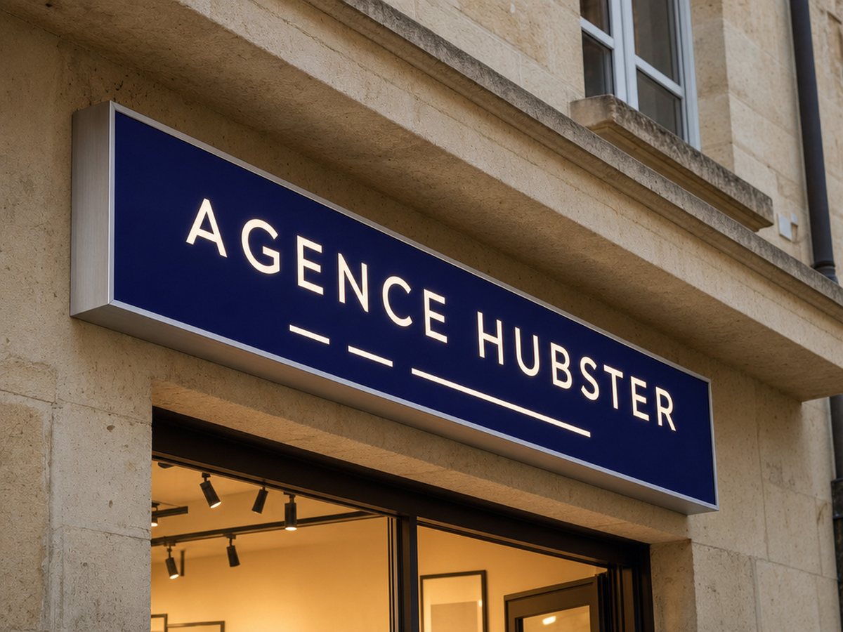 Enseigne caisson bleue à lettres rétroéclairées, en applique au-dessus de la vitrine d’une agence, en fin de journée