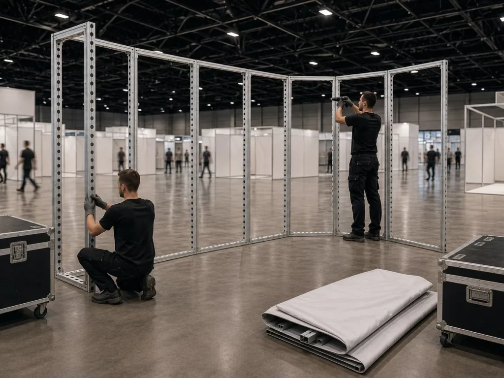 Montage de l’ossature en aluminium d’un stand dans un hall d’exposition, des caisses de transport et une toile pliée au sol