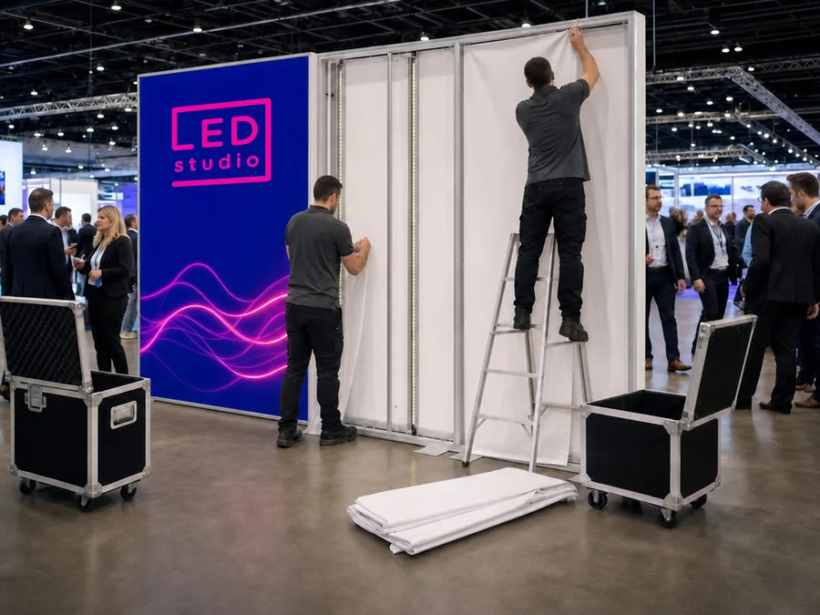 Pose de la toile d’un stand lumineux sur un salon, à côté d’un panneau lumineux LED Studio, caisses de transport au premier plan