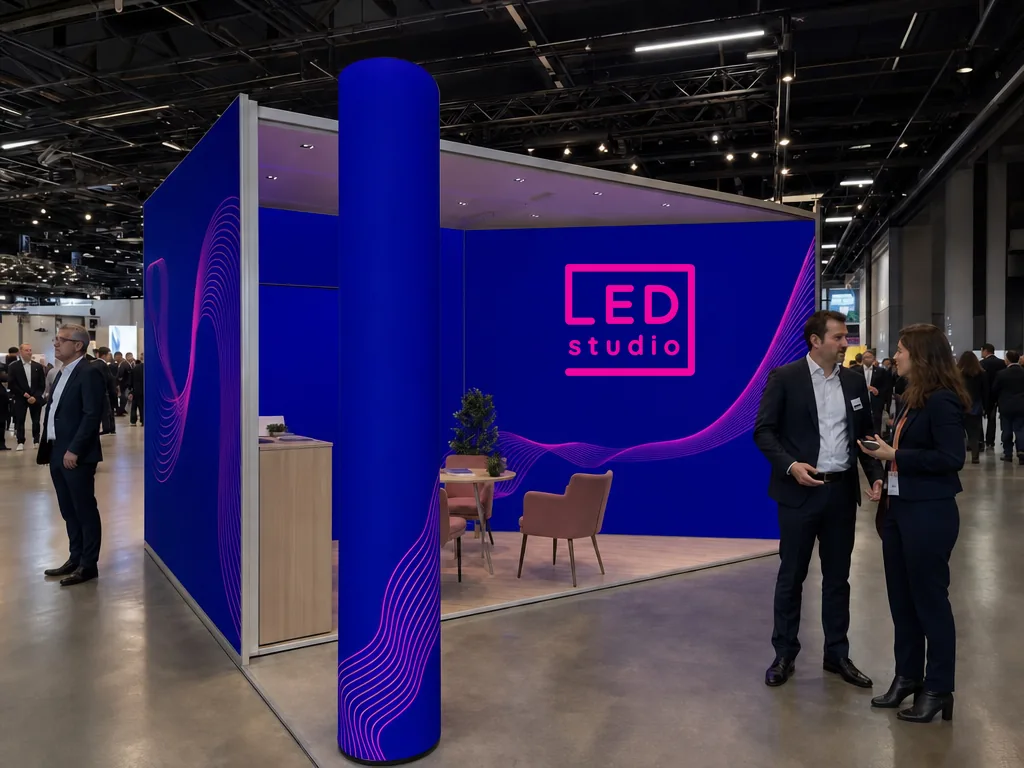 Stand lumineux sur un salon animé : mur d’image rétroéclairé et colonne lumineuse