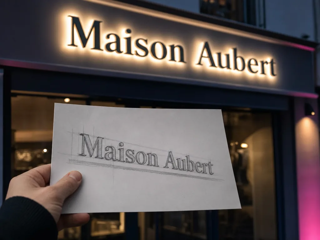 Une main tient le croquis au crayon d’une enseigne « Maison Aubert » devant la même enseigne réalisée en lettres boîtier rétroéclairées, à la tombée du jour