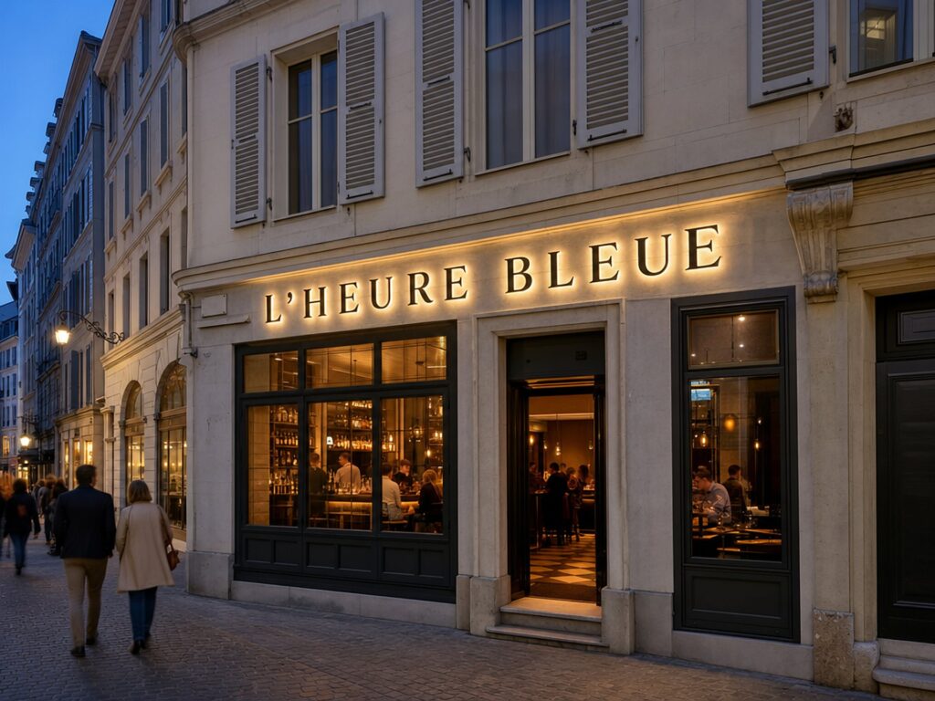 Façade de restaurant à la tombée de la nuit, avec une enseigne en lettres lumineuses au-dessus de la vitrine