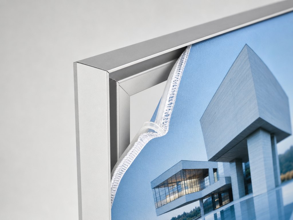 Coin d’un cadre lumineux en aluminium, la toile imprimée à moitié sortie de la rainure par son bord