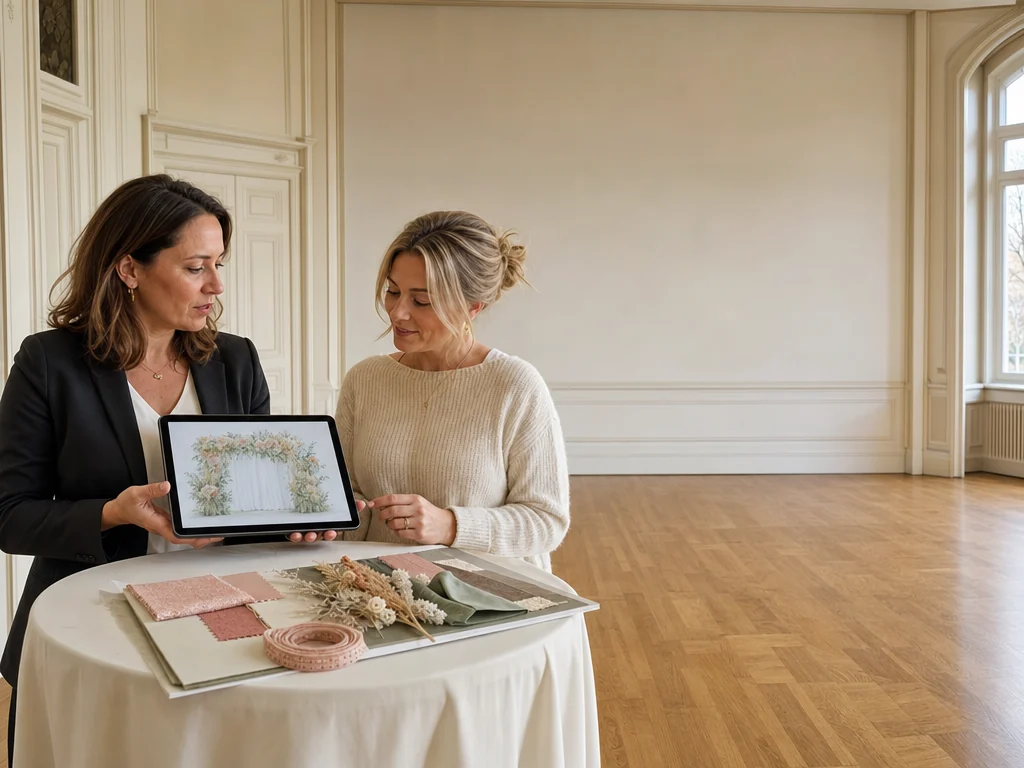 Deux personnes regardent sur une tablette un projet de décor fleuri, avec des échantillons de tissus, dans une salle de réception vide