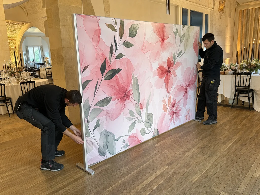Deux hommes montent un photocall à motif floral sur sa structure, dans une salle dressée pour un dîner