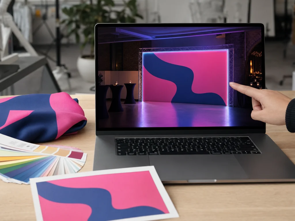 Choix d’un visuel à l’écran d’un ordinateur, avec un nuancier et une épreuve imprimée sur la table