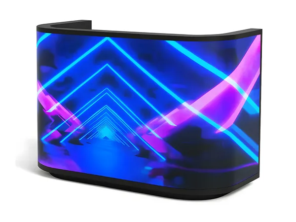 Comptoir LED incurvé, écran vidéo allumé, vue de trois quarts