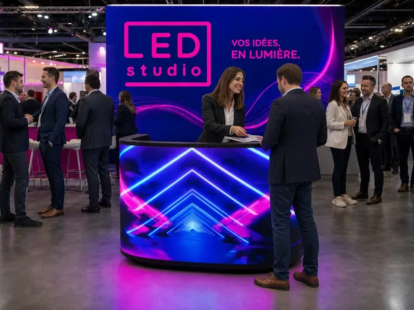 Comptoir LED en fonctionnement sur un stand, animation magenta à l’écran