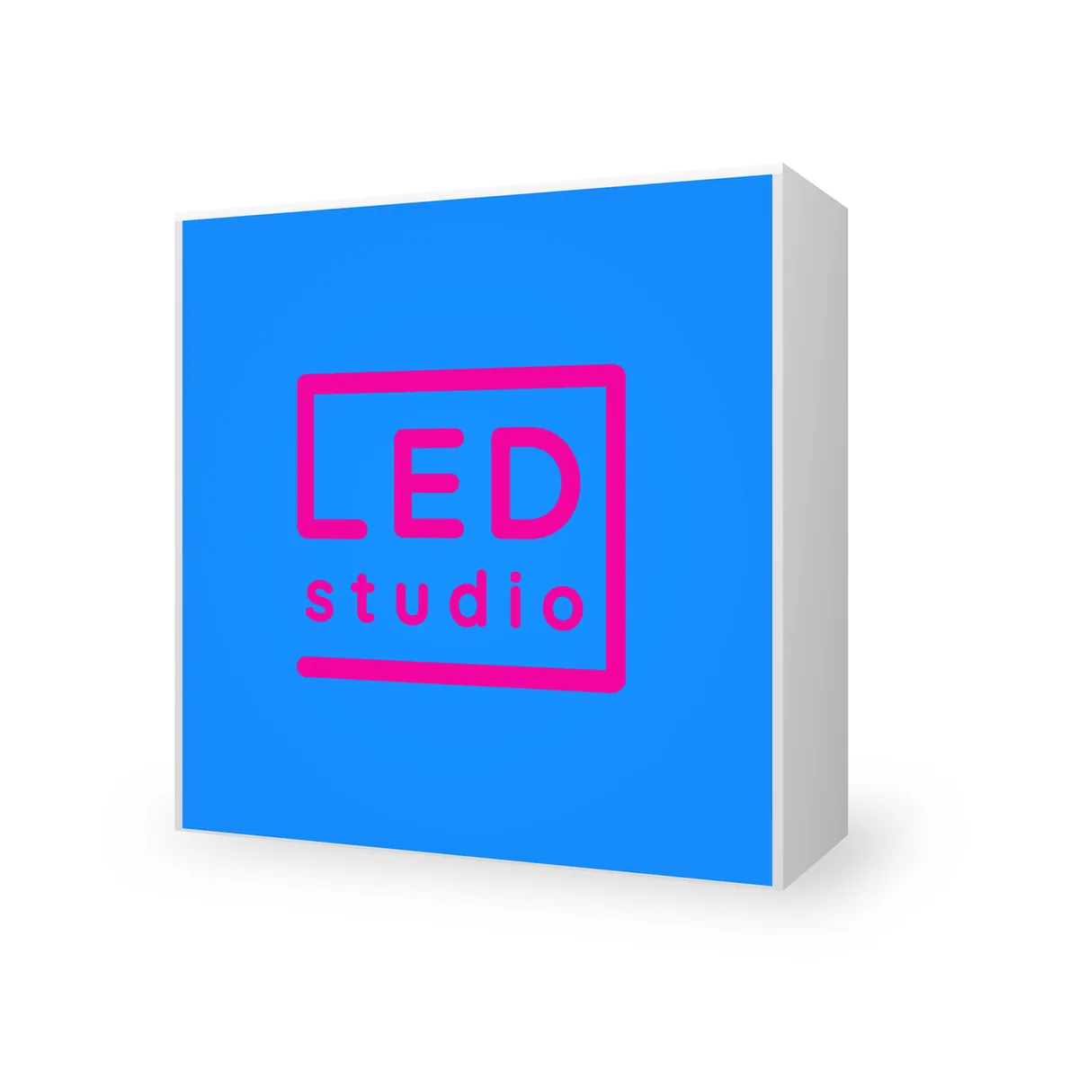 Comptoir Light & Lock, visuel bleu éclairé au logo LED Studio, vue de biais