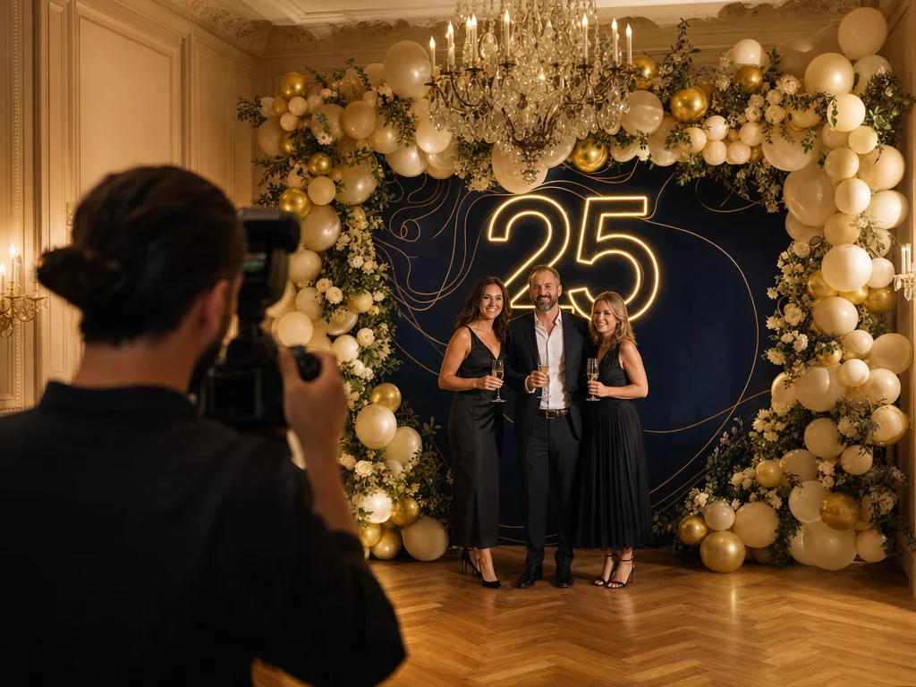 Un photographe, de dos, photographie trois invités en tenue de soirée devant un photocall bleu nuit orné d’un grand 25 en néon doré et d’une arche de ballons champagne et or