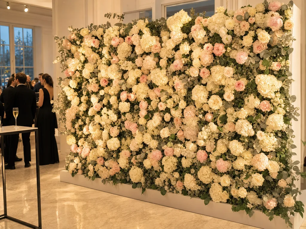 Un mur de roses blanches, de pivoines rose poudré et d’hortensias ivoire sur un socle blanc, dans un showroom où discutent des invités en tenue de soirée