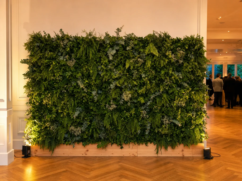 Un mur de fougères, d’eucalyptus et de petites fleurs blanches sur un socle en bois, éclairé par deux projecteurs posés au sol, dans une salle de réception