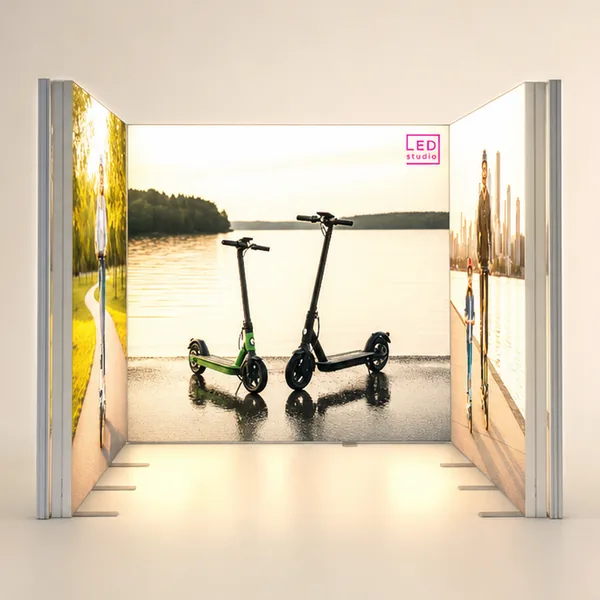 Stand S-LIGHT Modular trois faces habillé, toiles lumineuses, fond studio