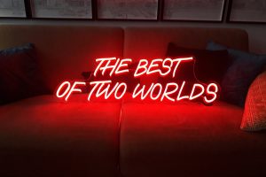 Néon Flex « The Best of Two Worlds » en rouge, au-dessus d’un canapé